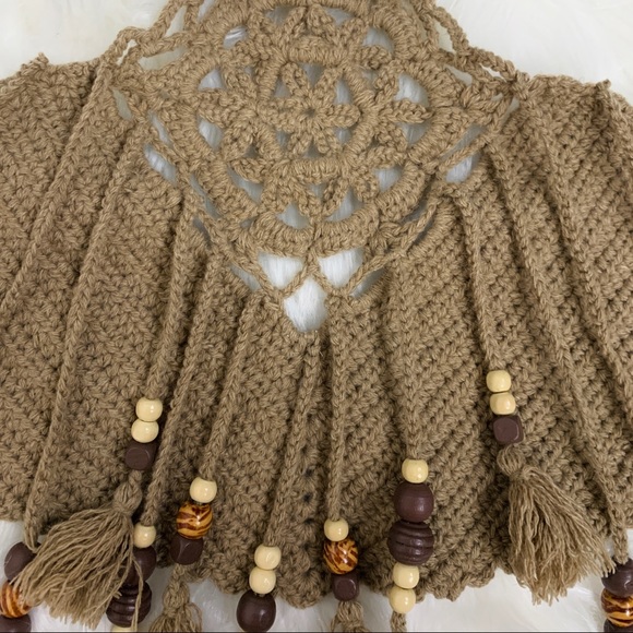 HANDMADE | Brown Crochet Mandala Beaded Tassels Cropped Hippie Halter Top - Picture 4 of 7